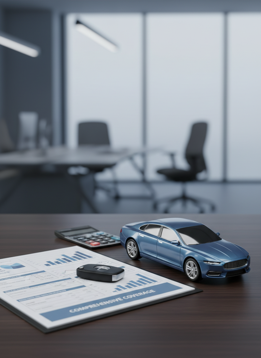 A sleek, metallic-blue model sedan with reflective windows and detailed chrome accents sits on a dark wooden surface, with a softly blurred background of a modern office interior in cool greys and blues. Beside the car is an open auto insurance folder, its pages displaying crisp text and charts, with a minimalist calculator and a small key fob nearby. Overhead, soft studio lighting mimics natural daylight, casting controlled highlights along the car’s curves and clean shadows that define each element. Shot from a low, three-quarter angle to emphasize the car’s lines, the composition uses the rule of thirds for a balanced, professional feel. The photographic style is clean and modern, projecting confidence and clarity in auto insurance coverage.
