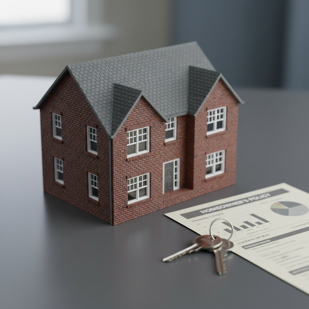 A close-up of a sturdy two-story suburban home model with detailed brick texture, grey shingle roof, and clean white-framed windows, resting on a smooth charcoal-grey surface. Next to it lies a set of shiny silver keys and a stack of neatly folded home insurance documents with visible headings and graphs. Soft, diffused daylight comes from the left, creating a gentle gradient of light across the scene and faint shadows beneath the objects. The background is softly blurred in cool neutral tones to keep focus on the home and documents. Captured from a slightly elevated angle in sharp photographic realism, the mood is secure and reassuring, emphasizing strong home insurance protection.
