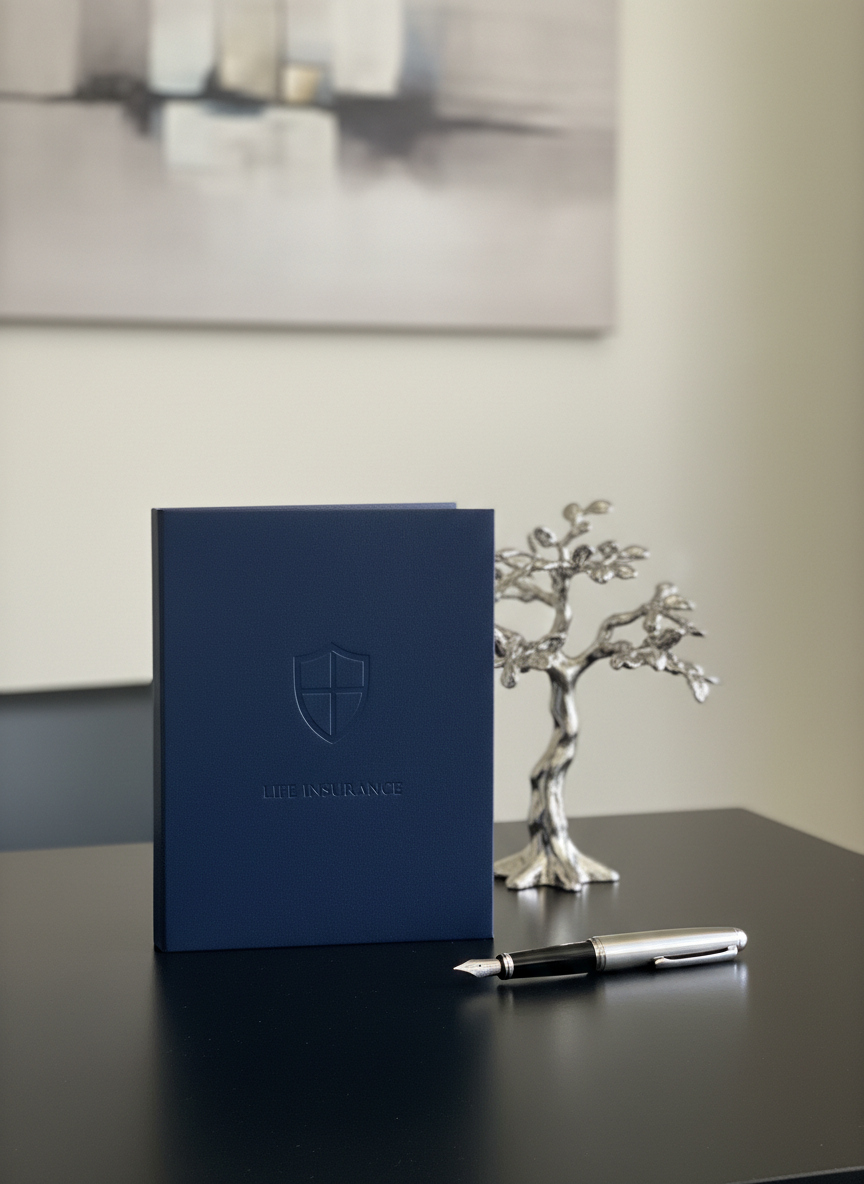 A matte-black desk surface featuring a neatly arranged life insurance scene: a closed navy-blue policy binder with an embossed shield icon, a classic silver fountain pen, and a small, stylized metal tree sculpture with interwoven branches symbolizing legacy and stability. Behind them, a softly out-of-focus background shows a neutral-toned office wall with a subtle abstract artwork. Soft, directional lighting from the right creates gentle highlights on metal surfaces and a calm play of light on the binder’s texture. Captured from a slightly elevated angle with shallow depth of field, the atmosphere is thoughtful, steady, and reassuring. The photographic realism and minimalist composition communicate long-term security, careful planning, and the enduring protection offered by life insurance.